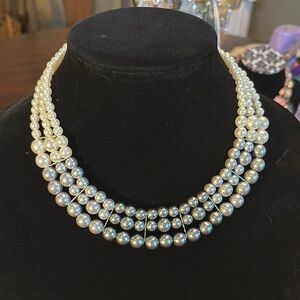 Classic Triple Strand Faux Pearl Lightweight Bib Statement Necklace